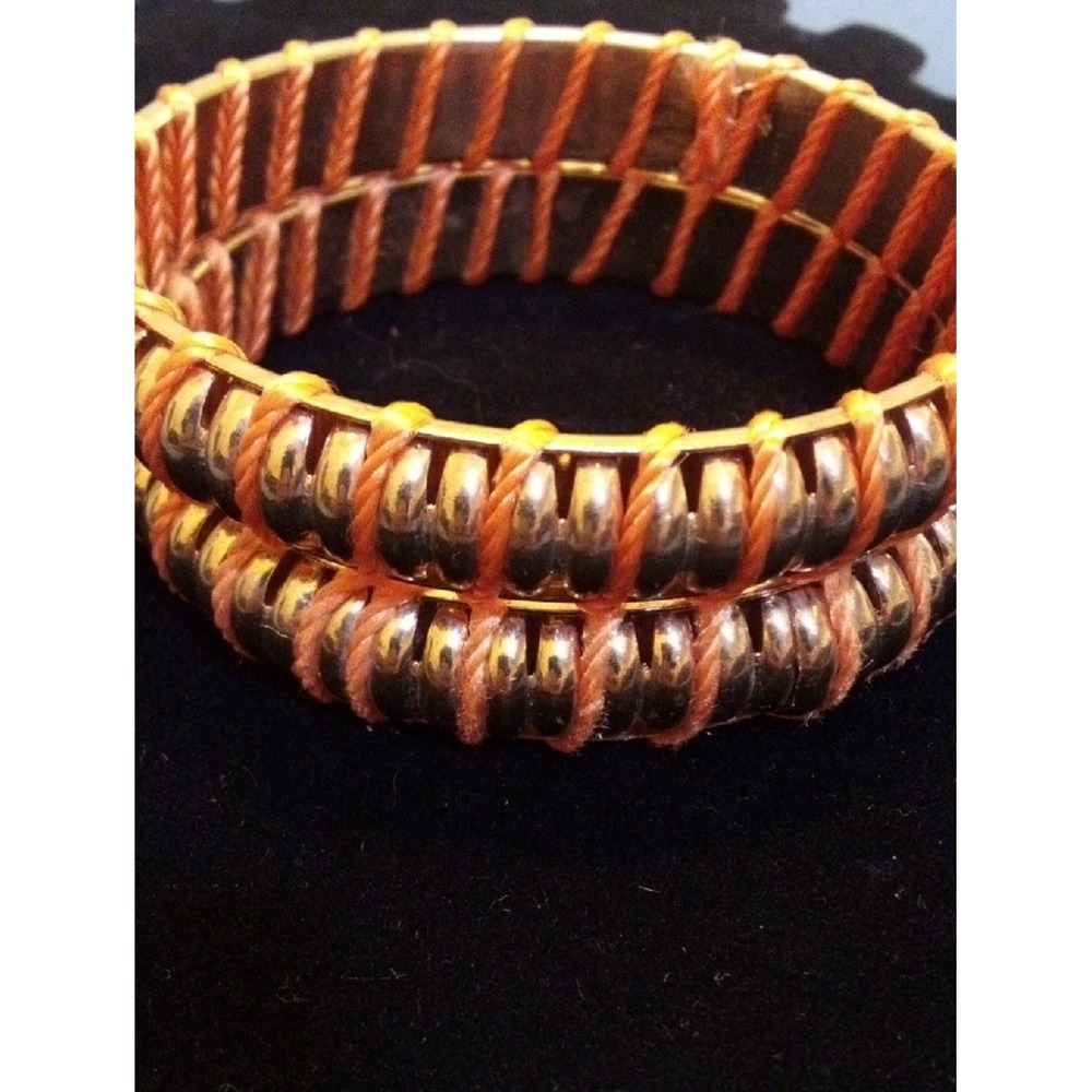 Gold Tone Orange Thread Wrapped Bangle Bracelet Set Boho Textured Jewelry